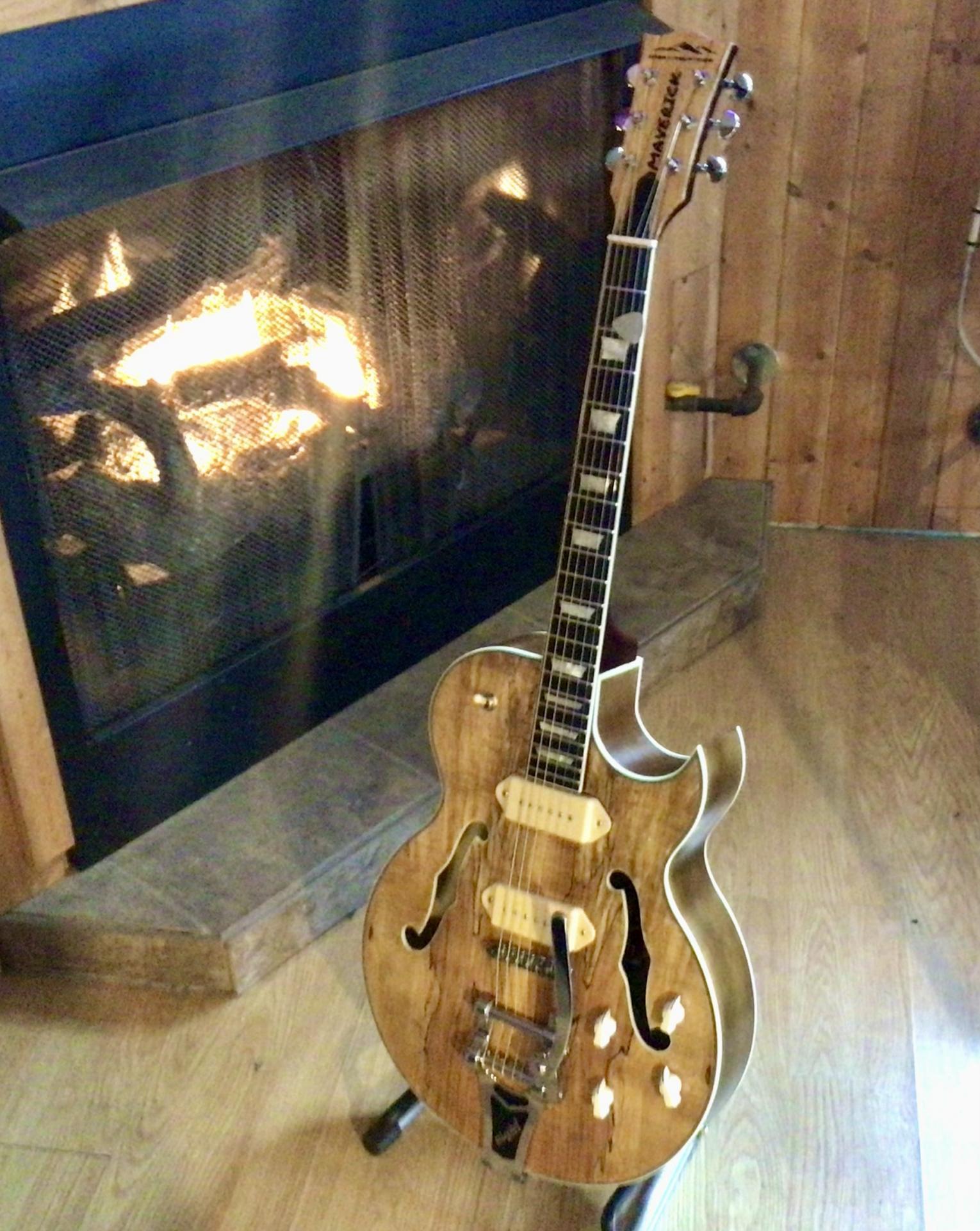 Finished E75 hollow body guitar kit with spalted maple veneer built by customer Richard Biron